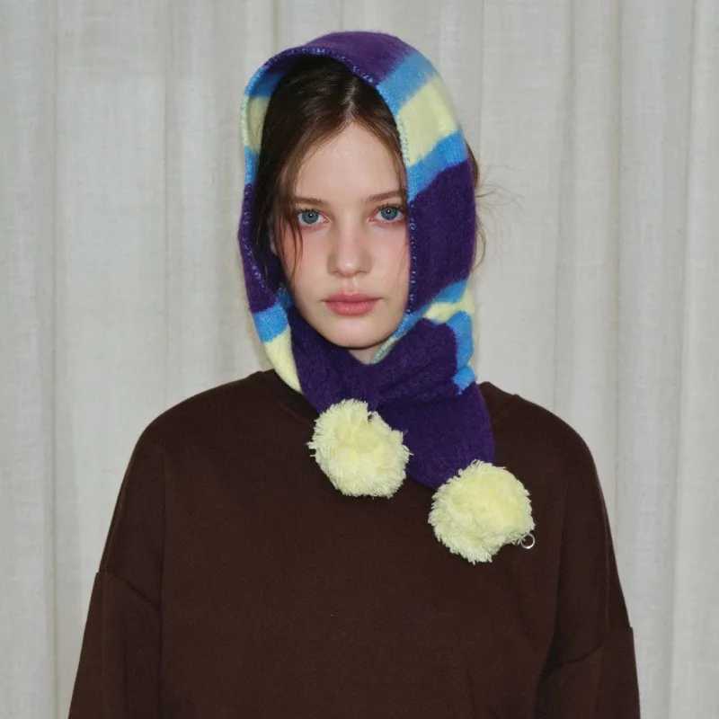 Korean Trend Design WoolBlend Striped Knitted Scarf Women Retro Contrasting Color Scarves with Pom Poms Female Stylish Muffler J251022