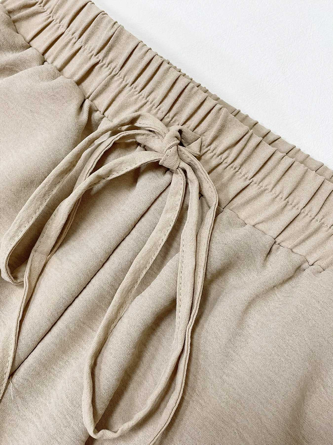 Womens Plain Pocket Tie Front Elastic Waist Straight Leg Pants Casual High Waist Wide Leg Trousers for Daily Wear Baggy PantsT251022