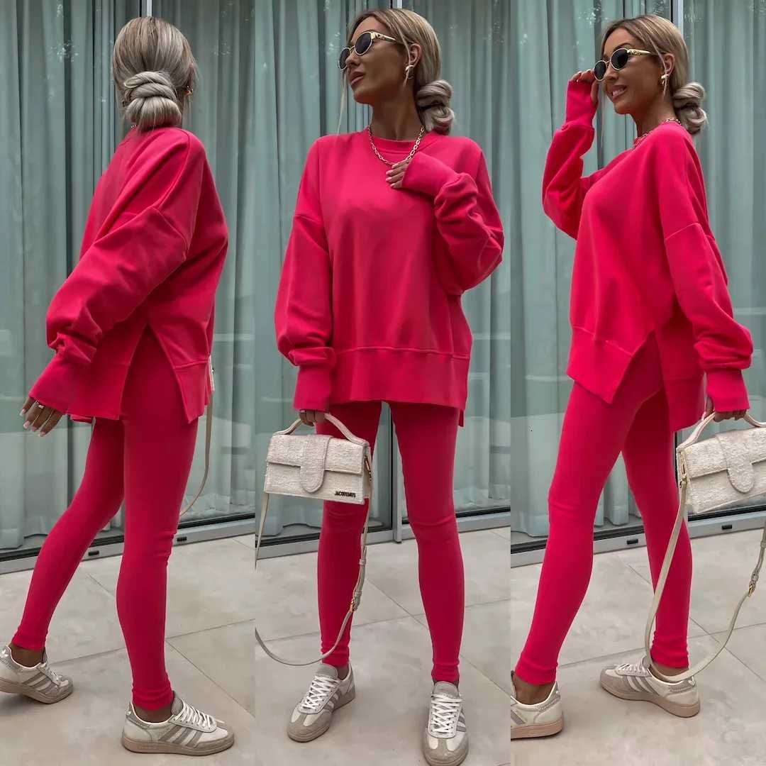 Women Pant Sets Two Pieces Tracksuit Solid Loose Sweatshirts Split Pullover Pencil Pants High Street Autumn Winter 2024T251022