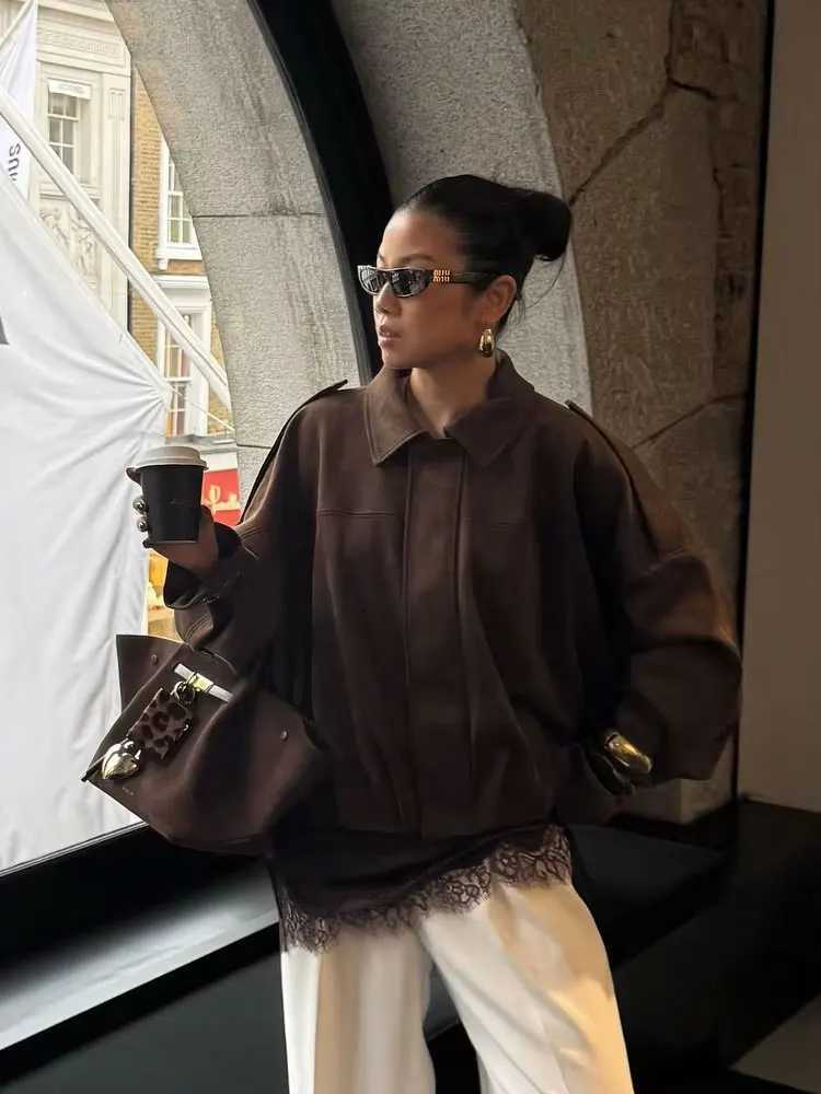 HH New Womens Autumn Causal Loose Suede Texture Jackets Long Sleeves Solid Lapel Zipper Fly Coat Female Street Fashion Coats Y251105