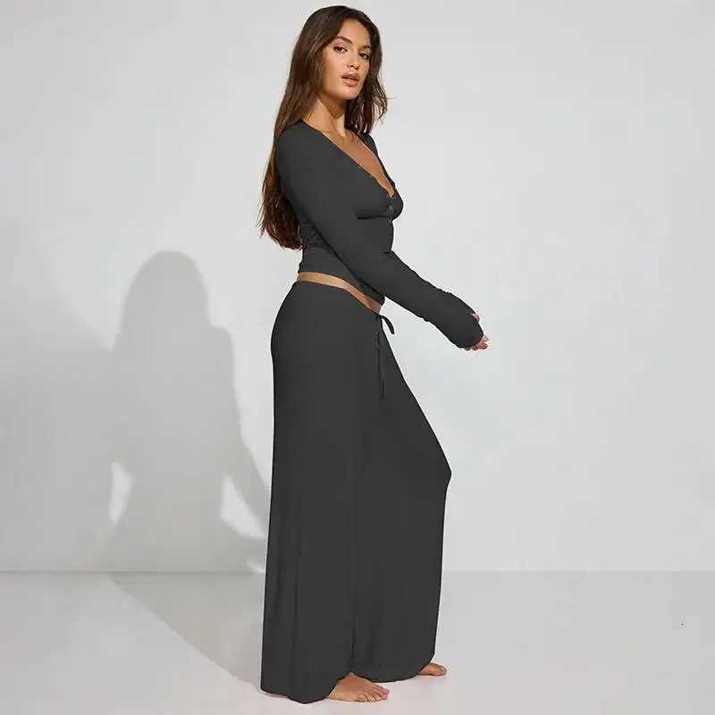 Blifanbo Casual Long Pants Set Two Pieces Set For Women Autumn V Neck Long Sleeve Slim Top And Laceup Long Pants Matching SetT251022