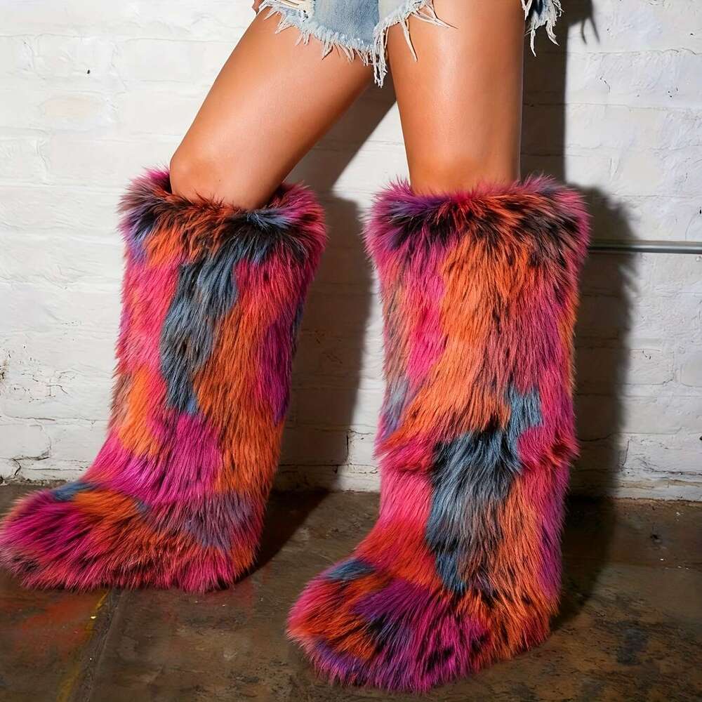 Women's Fluffy Faux Fur Knee-High With Plush Slip-Resistant Rubber Sole, Round Toe Arch Support, Warm Cozy Snow Boots For Casual & Formal Outfits