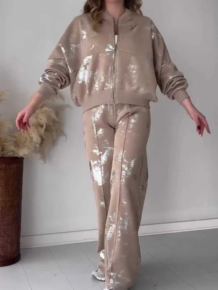 Women Print Two Piece Sets Zipper Sweatshirts Sequins Loose Fit Drawstring Pants Wide Leg Trousers Casual Suits WinterT251022