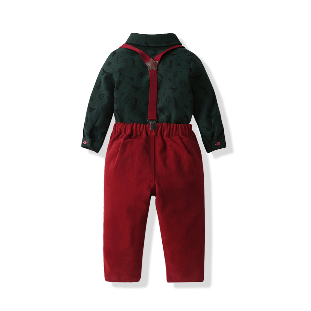 Kids' Autumn Christmas Outfit Foreign Trade Long-Sleeve Shirt & Suspender Pants Set Toddler Boys' Formal Birthday Wear
