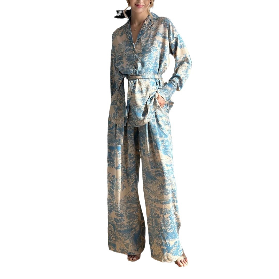 European and American designers fashion new style French printed long sleeved tie shirt high waist wide leg pants women's set
