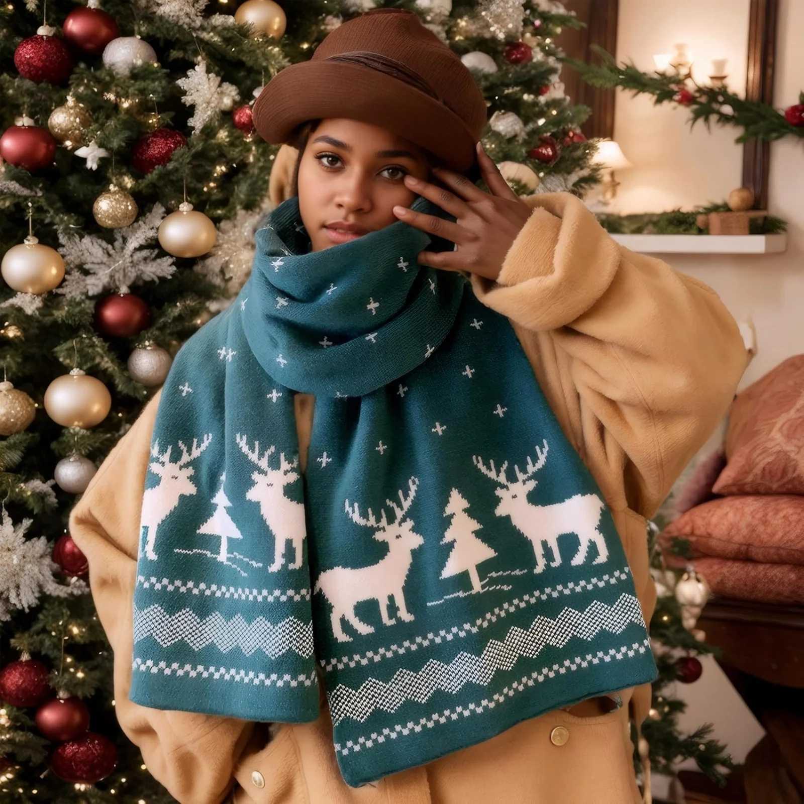 1PC Christmas Reindeer Scarf Knitted Warm Doublesided Pattern Winter Holiday Fashion Accessory For Women Girls Xmas Party Gift J251022