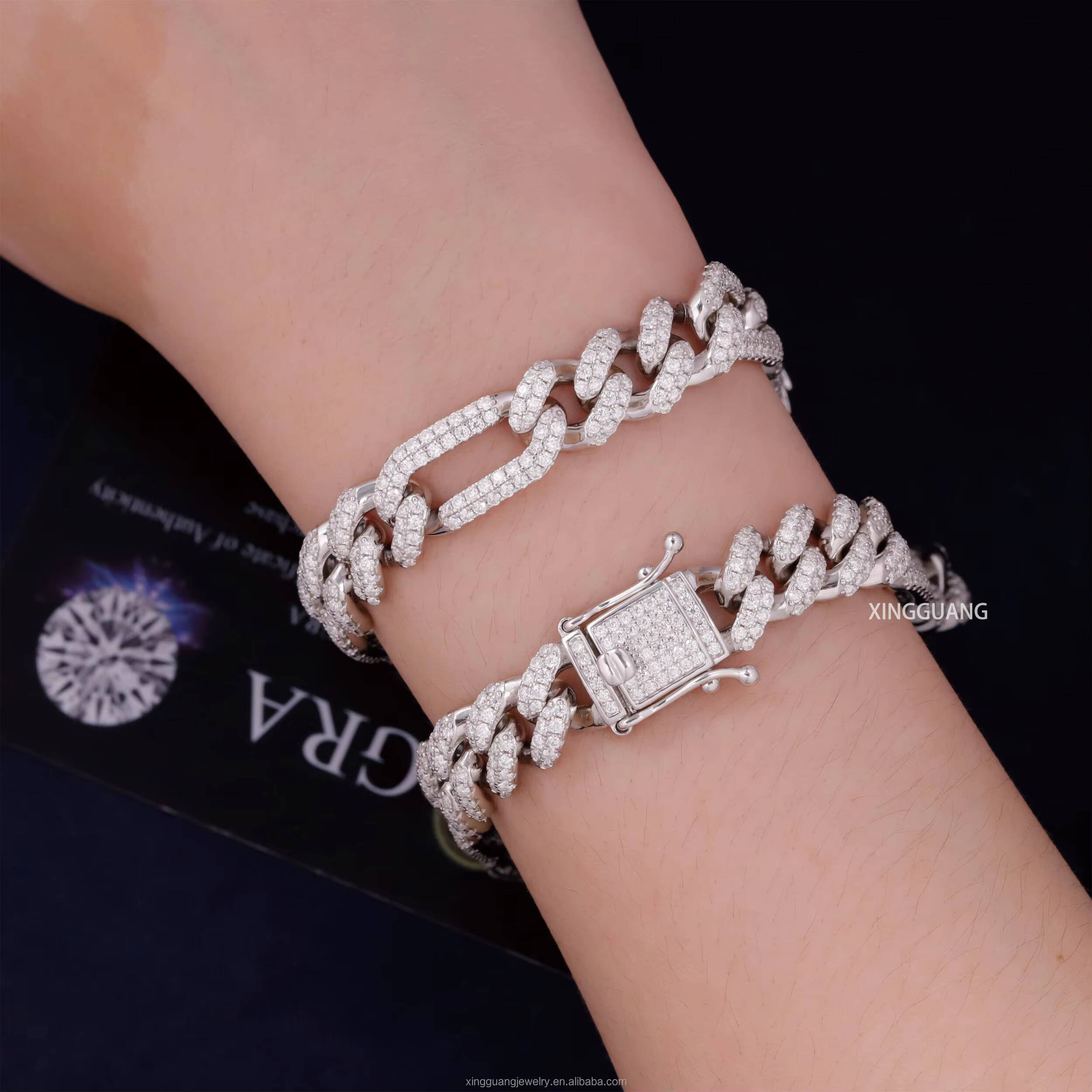 New Arrival 10MM 12MM Wide Figaro Style Bracelet 2Rows VVS Moissanite Diamonds S925 Sterling Silver Cuban Lidynamics Bracelet Jewelry
