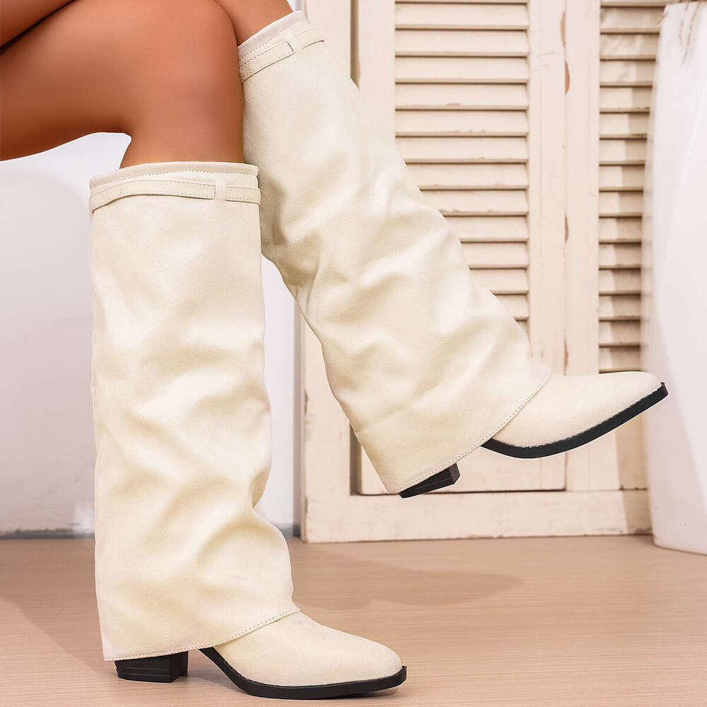 Free Shipping Large Pointed Toe Tube Autumn Winter Pleated Chunky Slip-On High Heel Fashion Boots for Women Size 43
