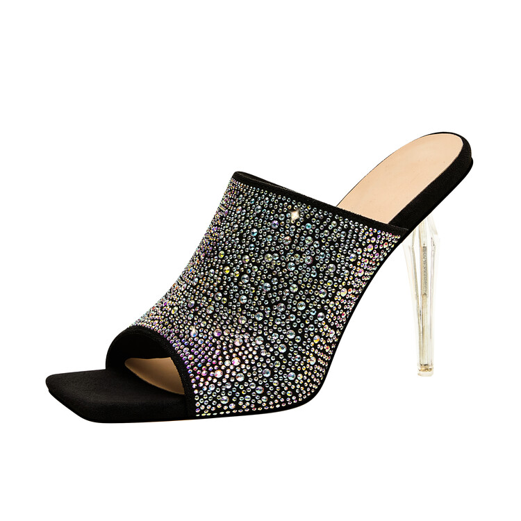 Chengdu Artisan Square Toe Crystal Heel Mule Sandals 11.5cm Stiletto Open Back Evening Shoes Black