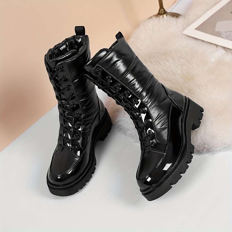 Women's Winter Snow - Non-Slip, Thickened Warm Outdoor Shoes With Lace-Up Design, Black, Perfect For Cold Weather Activities, Snowboarding Boots