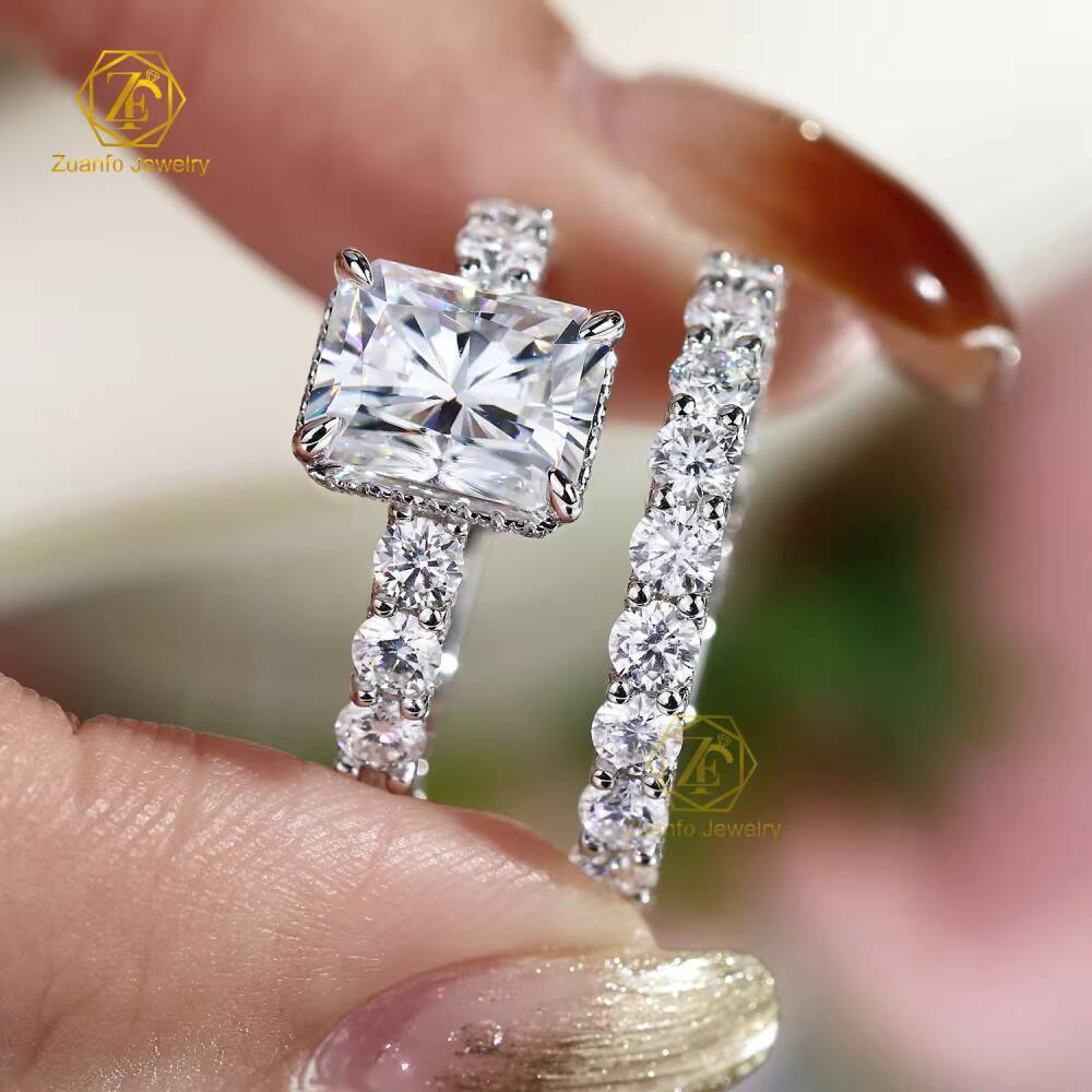 Factory Price Moissanite Ring Couple Set 3CT 7x9mm Radiant Cut 10K 14K White Gold Wedding Ring Sets for Women