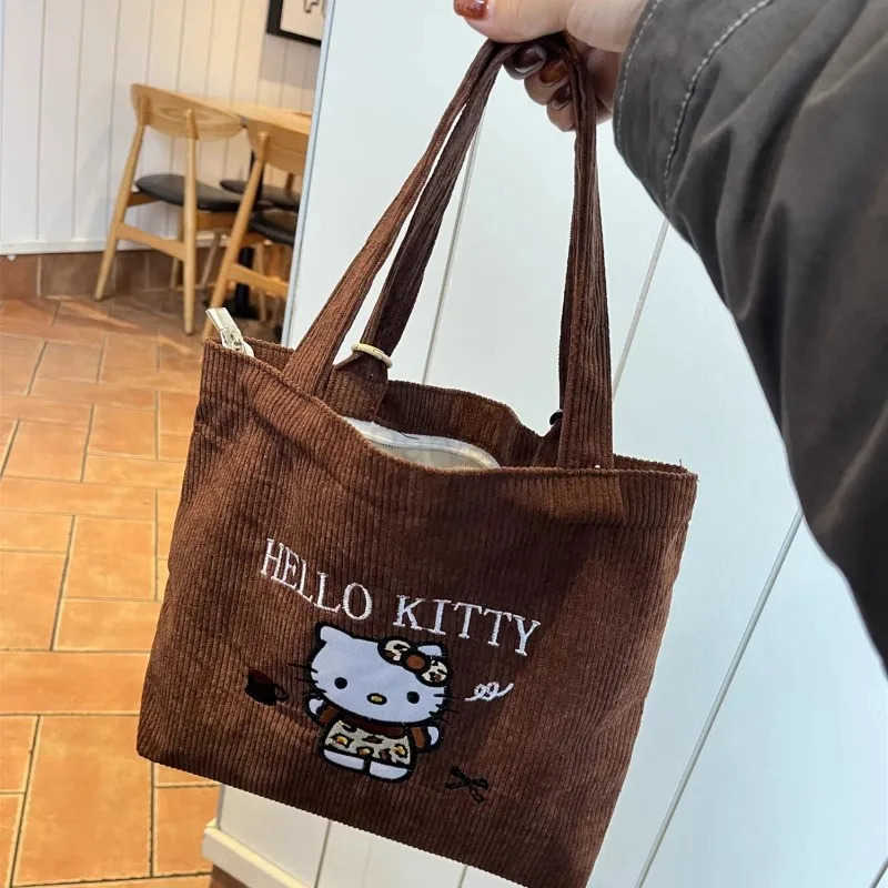 Sanrio Hello Kitty Embroidered Handbag Cute Large Capacity Corduroy Shoulder Bag Birthday Gift L251022