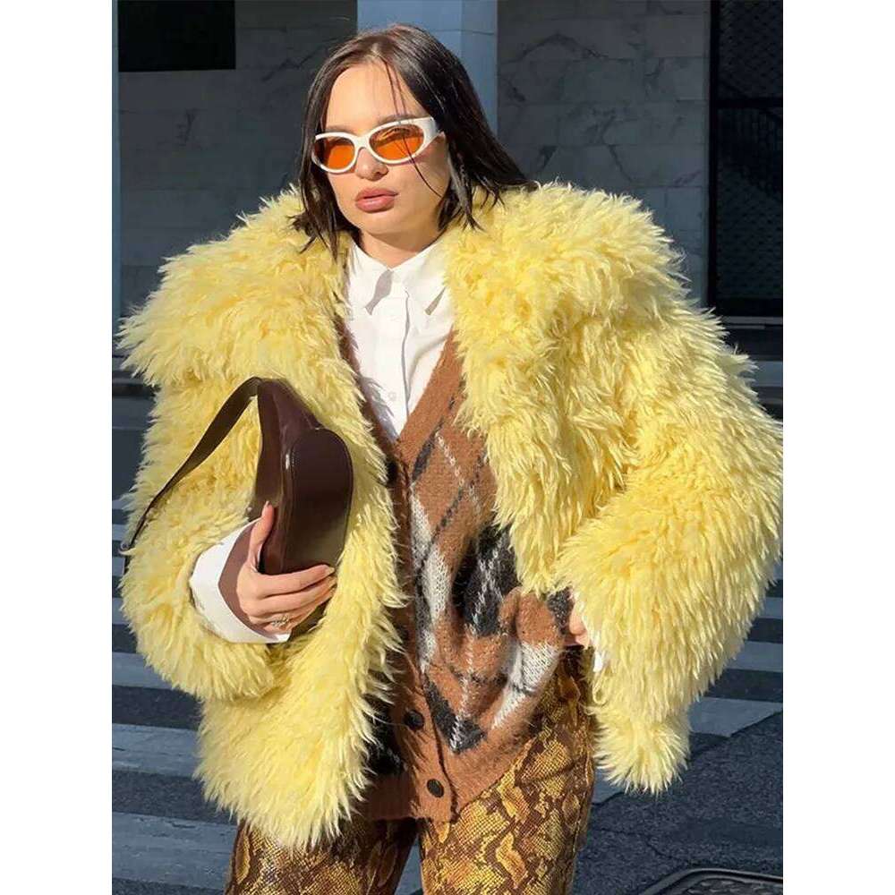 Solid Yellow Faux Fur Jacket Women Fashion Lapel Long Sleeve Loose Fluffy Short Coat 2025 Winter Lady High Street Warm Outerwear