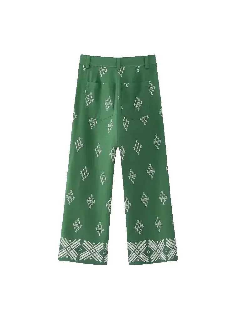 Womens Contrast Embroidery Linen Straight Pants High Waist Zipper Fly Female Ankle Trousers Chic FashionT251022