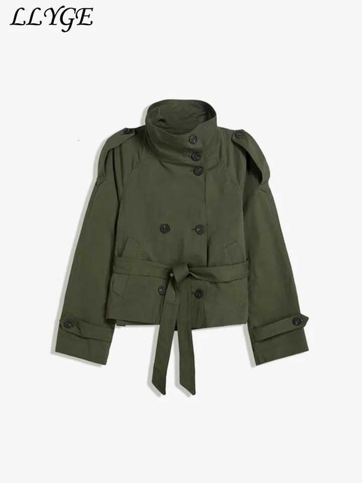 Elegant Womens Belt Cropped Trench Coats Stand Collar Double Breasted Full Sleeve Jacket 2025 Autumn Chic Commute Outwear New Y251105