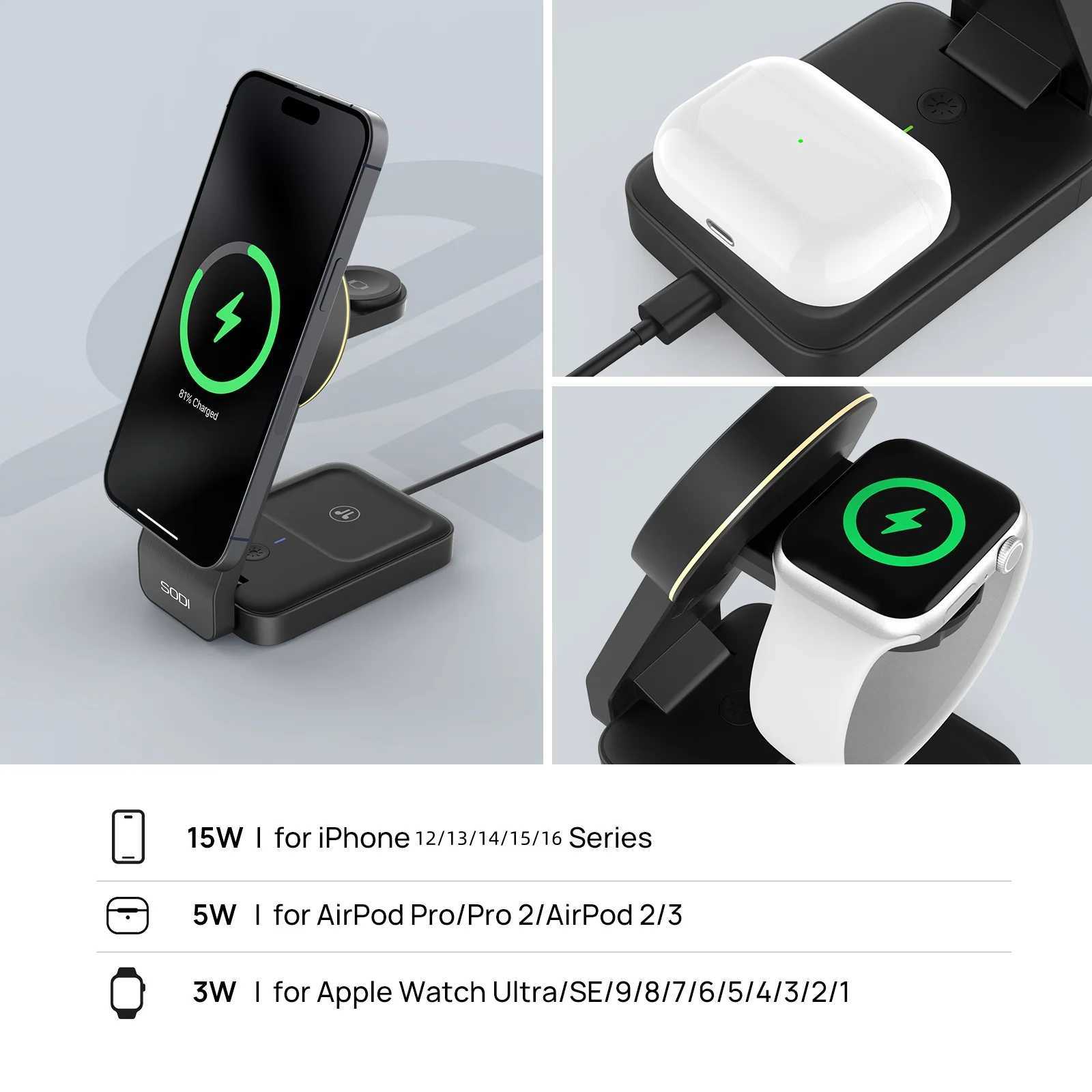 Qi2 Wireless Charger 15W Fast Charging 3 in 1 Magnetic Stand For iphoneairpodsiwatch Potable Pocket Phone Holder for Travel J251114