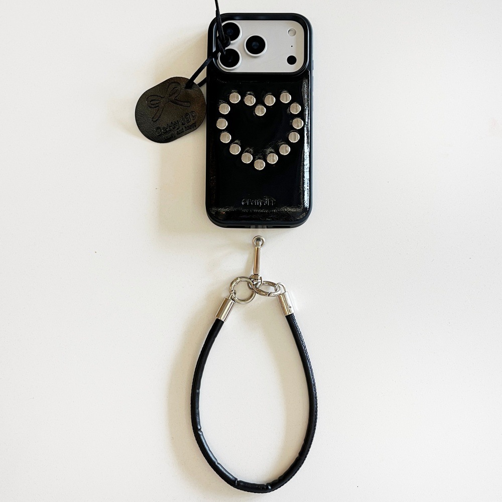 Oil Wax Leather Heart Rivet Phone Case Compatible with iPhone 17/16 Pro Simple Lanyard iPhone 15/14 Niche
