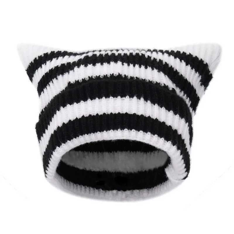 Japanese Y2K Cute Black White Striped Cat Ears Wool Hat Women Autumn Winter Warm Little Devil Hanging Ball Knitted Beanie Hat J251022