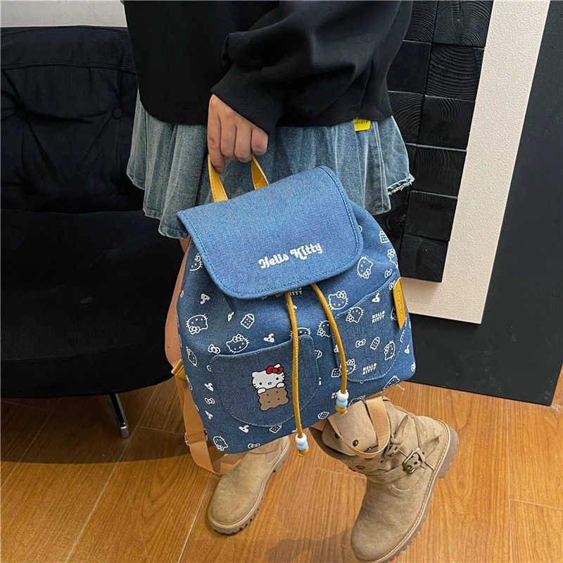 Sanrio Sanrios Hellokittys Large Denim Backpack for Women Cute Cartoon Bucket Bag Durable Handbag for Travel and Daily Use Girls Gifts L251022