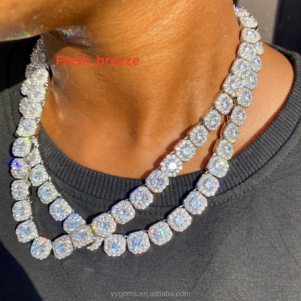 Cluster 8mm 10mm 12mm Large Tennis Chain Hand Bracelet VVS Moissanite 925 Sterling Silver Tennis Chain Mens Link Necklace