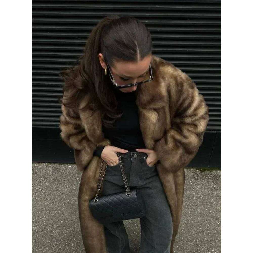 Fashion Mixed Color Lapel Collar Woman Long Coat Elegant Full Sleeve Loose Overcoat New Winter Lady High Street Faux Fur Jacket
