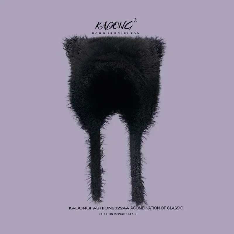 Autumn and Winter Soft Plush Cute Cat Ears Sweet Pullover Womens Hats Korean Casual Shopping Ear Protection Strap Beanies Cap J251022