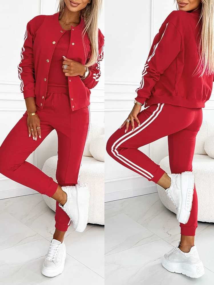 Autumn 3 Piece Tracksuit Outfit Set Striped Tape Patch Button Front Jacket Cuffed Pants Tank Top with Pockets for Casual WearT251022