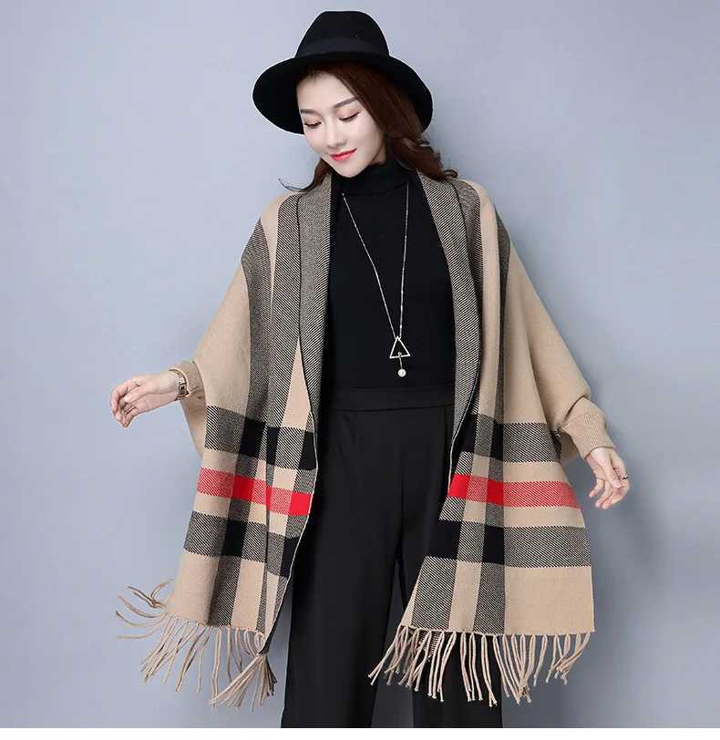 4 Colors Lady Knitted Cardigans Long Batwing Sleeve Thick Poncho Autumn Winter Shawl Striped Wrap Women Open Stitch Tassel Cloak J251118
