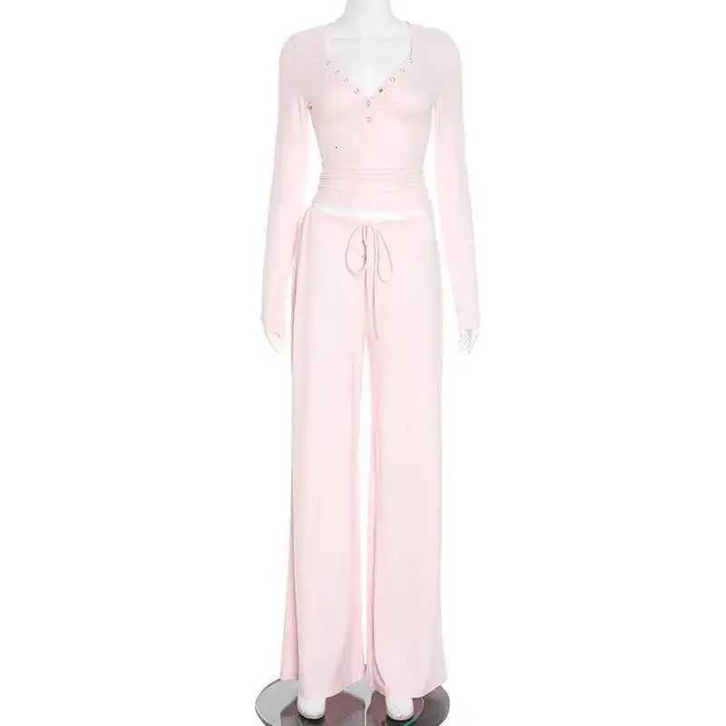 Blifanbo Casual Long Pants Set Two Pieces Set For Women Autumn V Neck Long Sleeve Slim Top And Laceup Long Pants Matching SetT251022