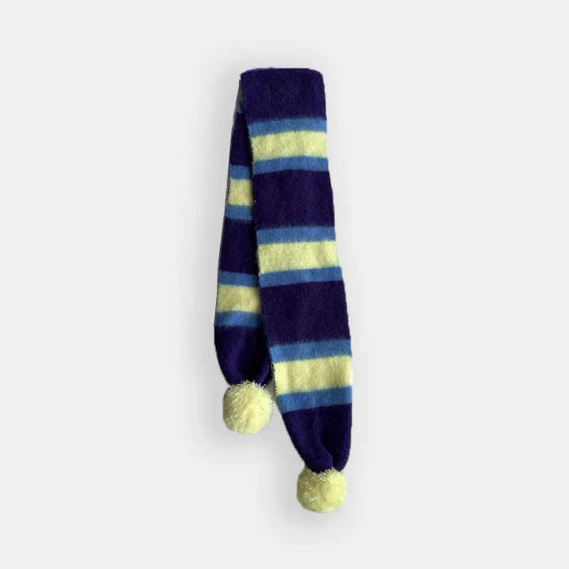 Korean Trend Design WoolBlend Striped Knitted Scarf Women Retro Contrasting Color Scarves with Pom Poms Female Stylish Muffler J251022