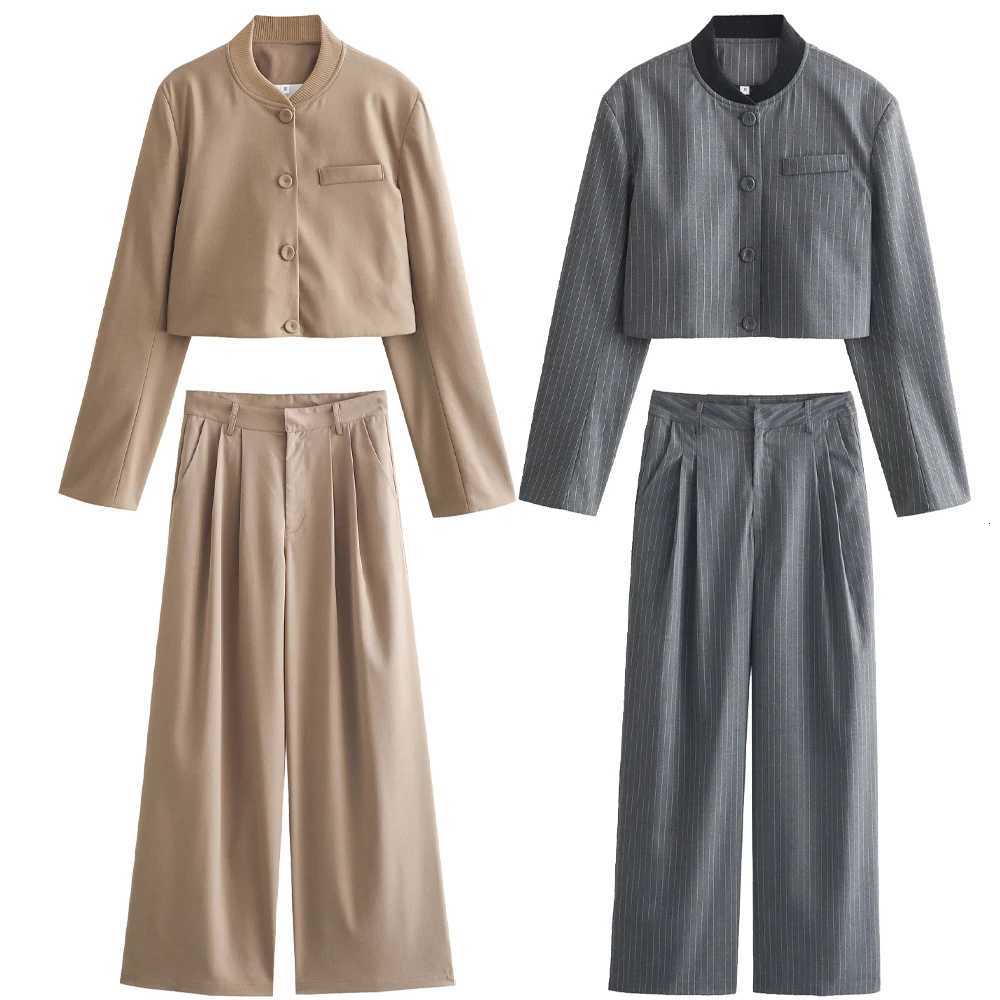 Summer New Product Womens Fashion Simple Standing Neck Long sleeved Short Jacket Coat Loose Pants Casual SetT251022