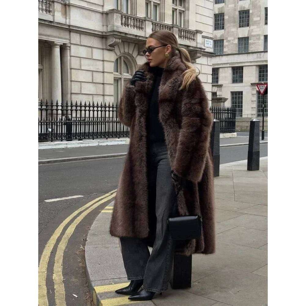 Lapel Long Faux Fur Coat For Women Solid Full Sleeve Furry Loose Jackets Fashion Ladies Winter Warm High Street Outerwear