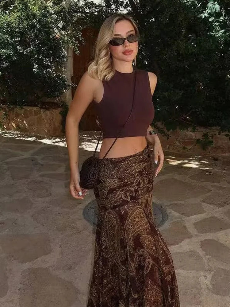 Ruffles Pleated Long Skirts For Women Fashion 2025 Vintage Printed Midi Skirt High Street Casual Chic Party Skirts 251022