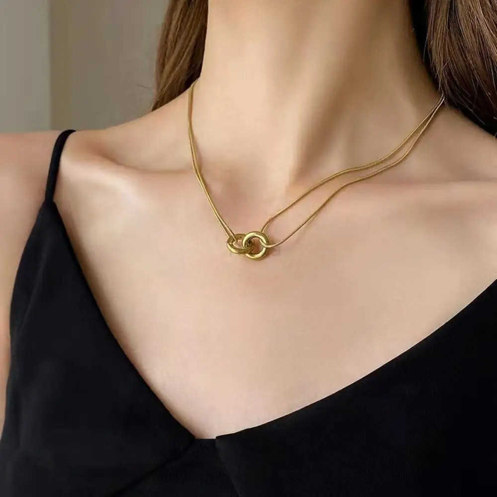 Stainless Steel Double Layer Two Rings Pendant Necklace For Women Gold Color Personality Sweater Chain Party Jewelry Gift New U251022