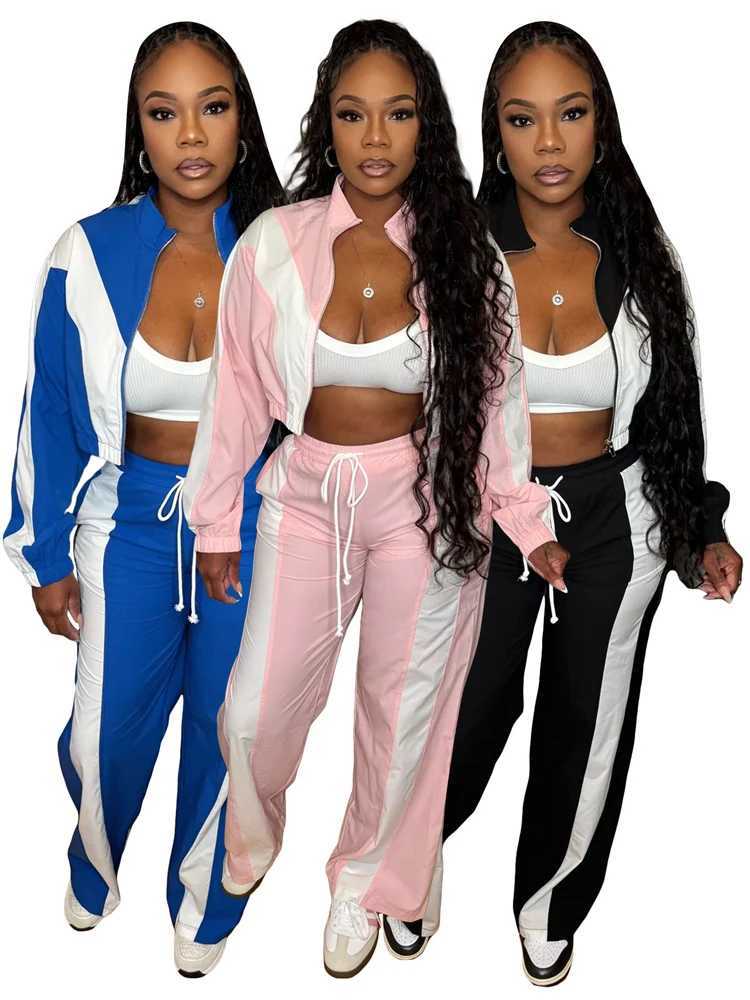 Fashion Women Sets Color Block Zip Crop Jacket and Wide Leg Pants Suit 2025 Fall Two 2 Piece Windbreaker Set Tracksuit OutfitsT251022