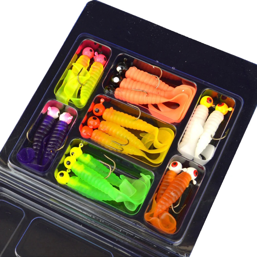 34pcs 1 Set 17pcs Metal Jig Head Fishing Hooks Soft Worm Lure Grub Silicone Fish Artificial Bait Tackle 251022