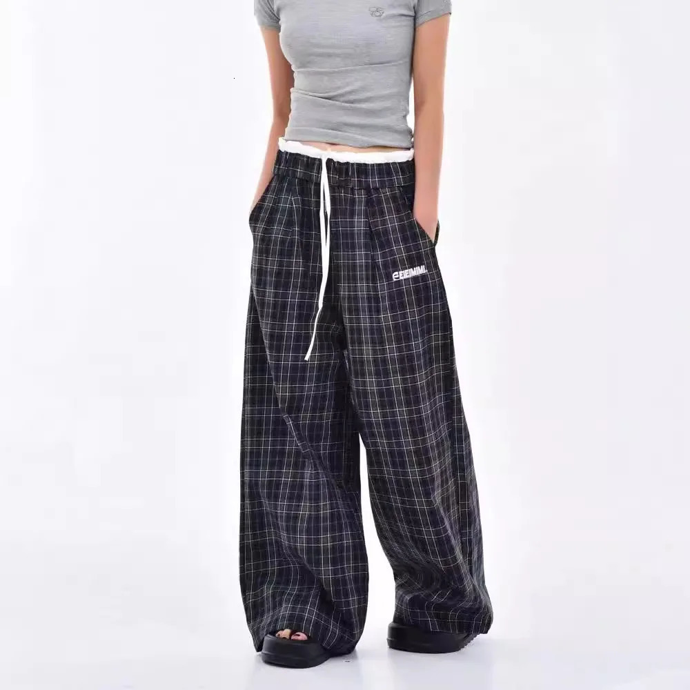 Plaid splicing wideleg pants womens spring and autumn high waist loose casual drape straight floor trousers 251016