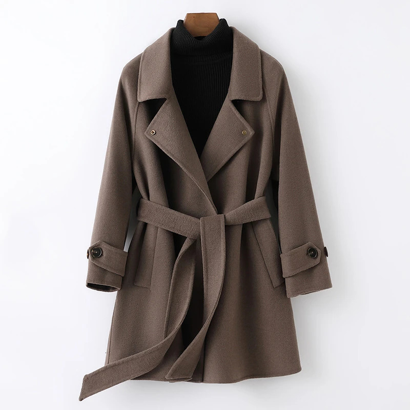 Doublefaced Cashmere Coat 100 Wool Winter Womens Woolen Coat Belt Thick Warm Casual Midlength Outwear Loose Fashion Jackets 251020