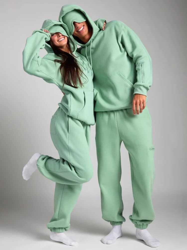 Womens Two Piece Suit Casual Sport Swear Ensemble Autumn Winter Solid Color Pure Color Hooded Eye Mask Long Pants SetT251022