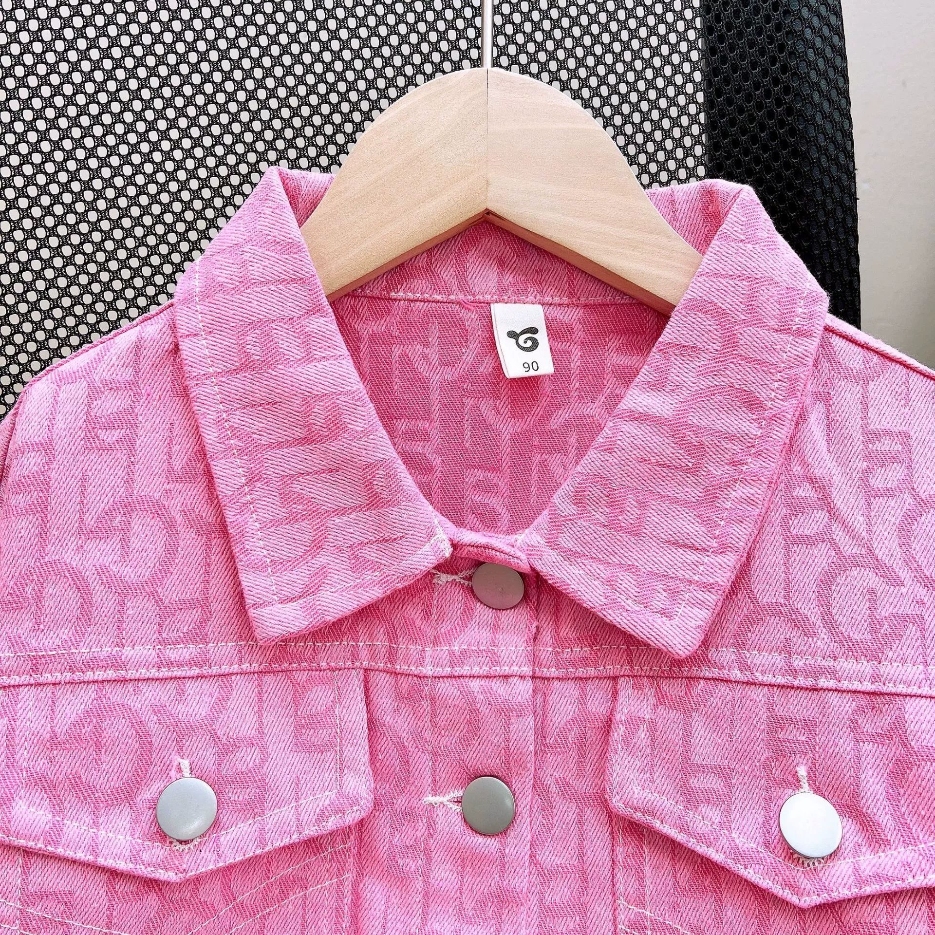 2025 Cross-Border Girls' Autumn Set Pink Jacquard Denim Jacket & Skirt Casual Fashion 120-140cm