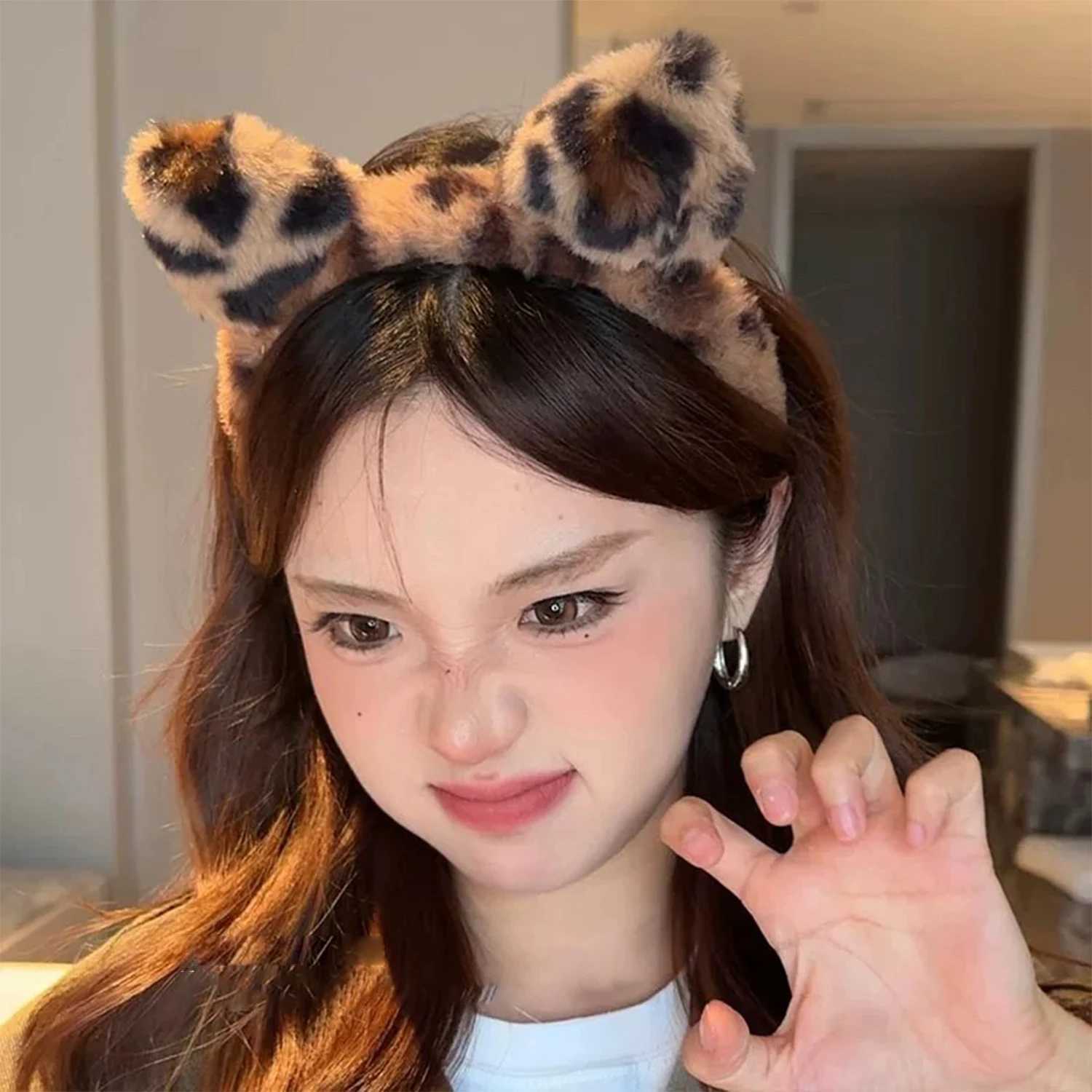 Plush Cat Ears Headband Vintage Leopard Print Hair Hoops Cute Festival Accessories Fashion By Clips Ribbon for Hair Hoop V251022