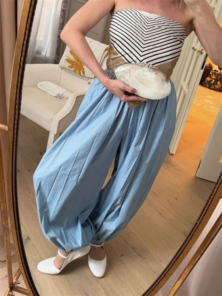 Tossy Summer Fashion Pocket Bloomers Female Trousers Pleated Loose High Waist Patchwork Bandage Streetwear Wide Leg Women Pants 251022