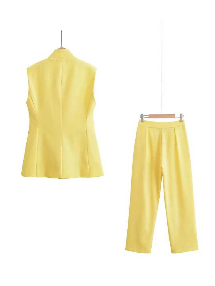 HH Women Pocket Decoration Commute Yellow Solid Pants Suit Sleeveless Button VNeck WaistcoatLoose Wideleg Zipper PantsT251022