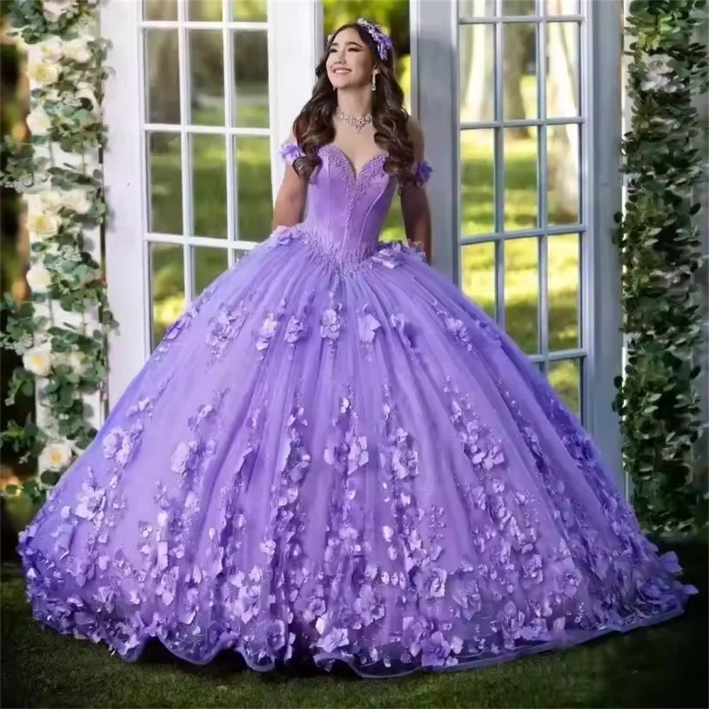 Ball Gown Quinceanera Dresses Lavender Off Shoulder Vintage 3D Flower Lace Plus Size Customized Princess Sweet 15 16 Birthday Party Gowns Vestidos De 