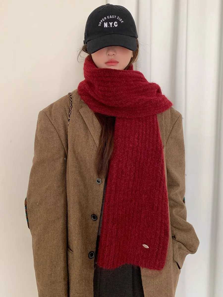 Red Wool Blend New Year Christmas Knitted Scarf For Women Autumn And Winter Thickened Warm Neck Scarf Versatile Pon J251022