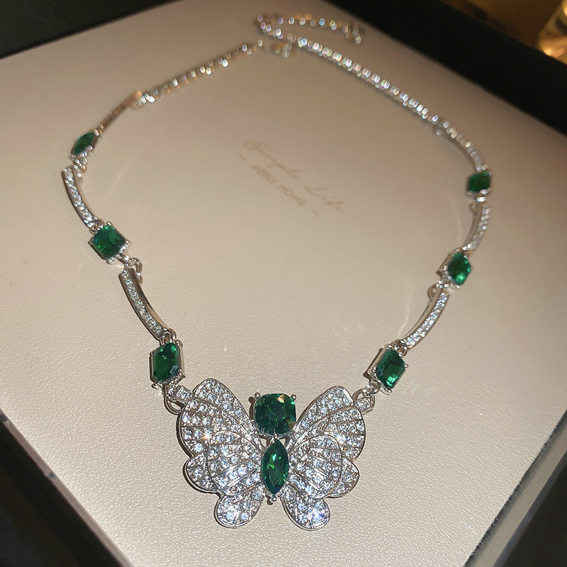 Silver Needle Inlaid Diamond Butterfly Green Square Earrings Necklace Set Exaggerated Collarbone Chain Light Luxury High-end Jewelry for Women - view 6
