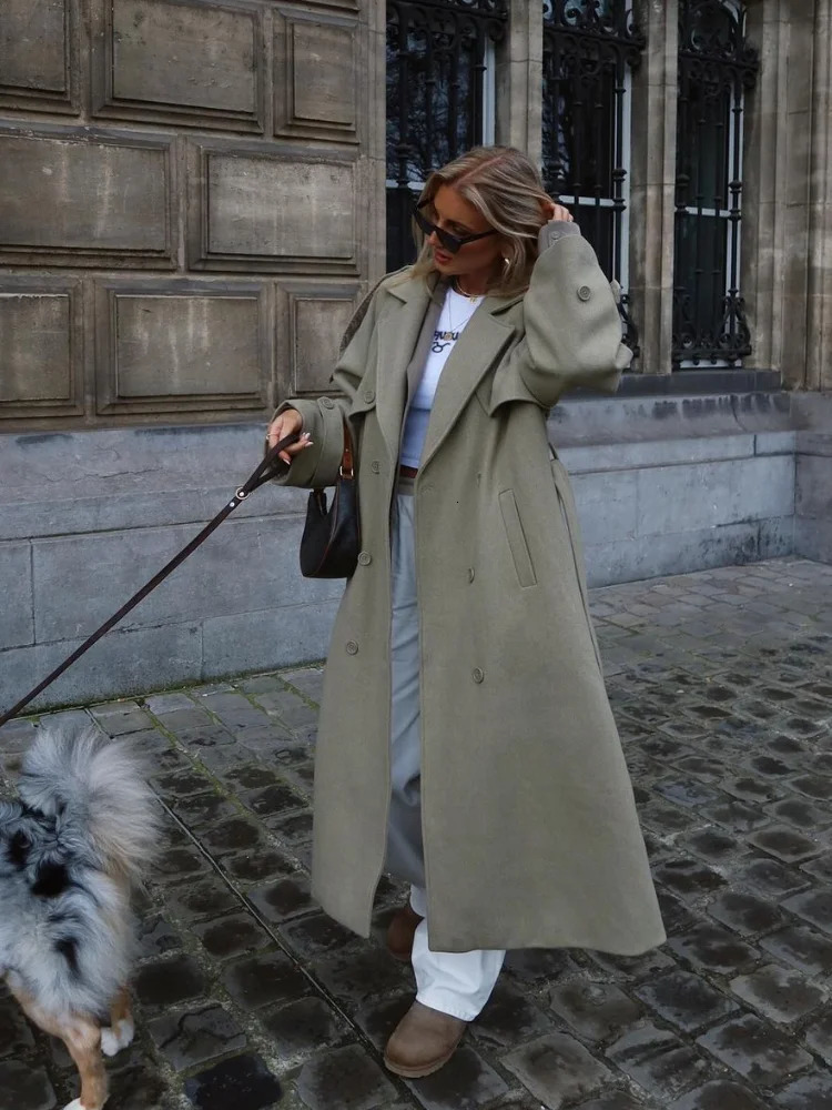 Elegant Loose Belt Coats Women Turndown Collar Full Sleeve Double Breasted Overcoat Autumn Chic Female Casual Outerwear 251021