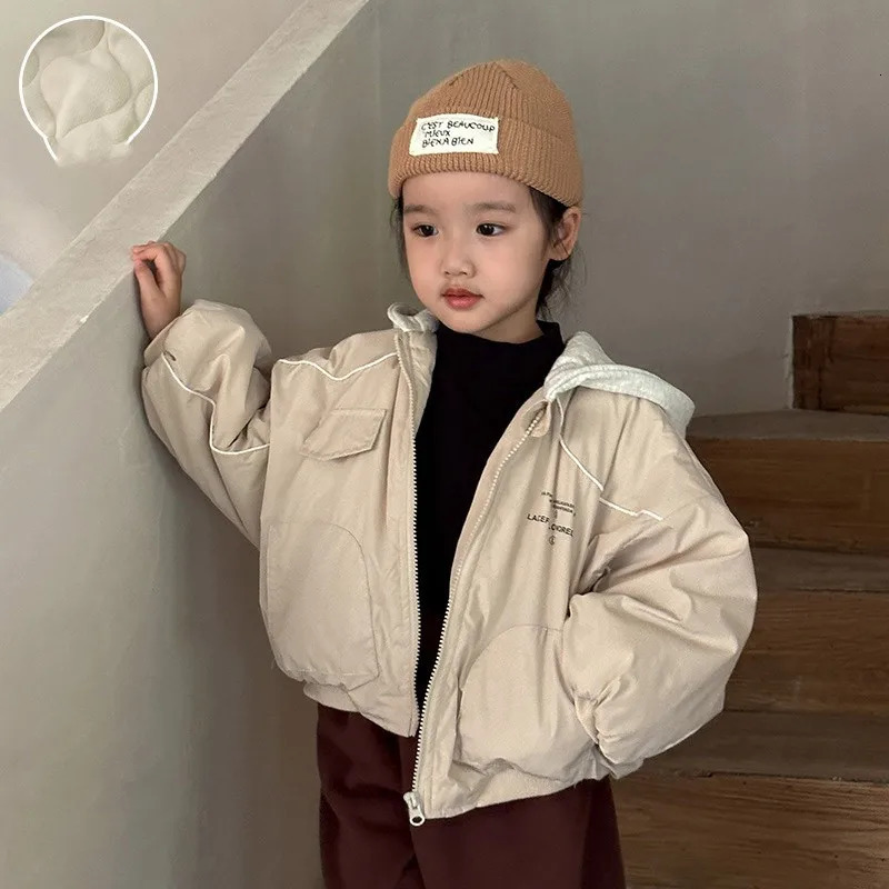 Children Hooded Warm Parkas Autumn Winter Casual Boy Baby Letter Fleece Thicken Tops Jacekt Solid Girl Kid Fleece Cotton Coat 251021