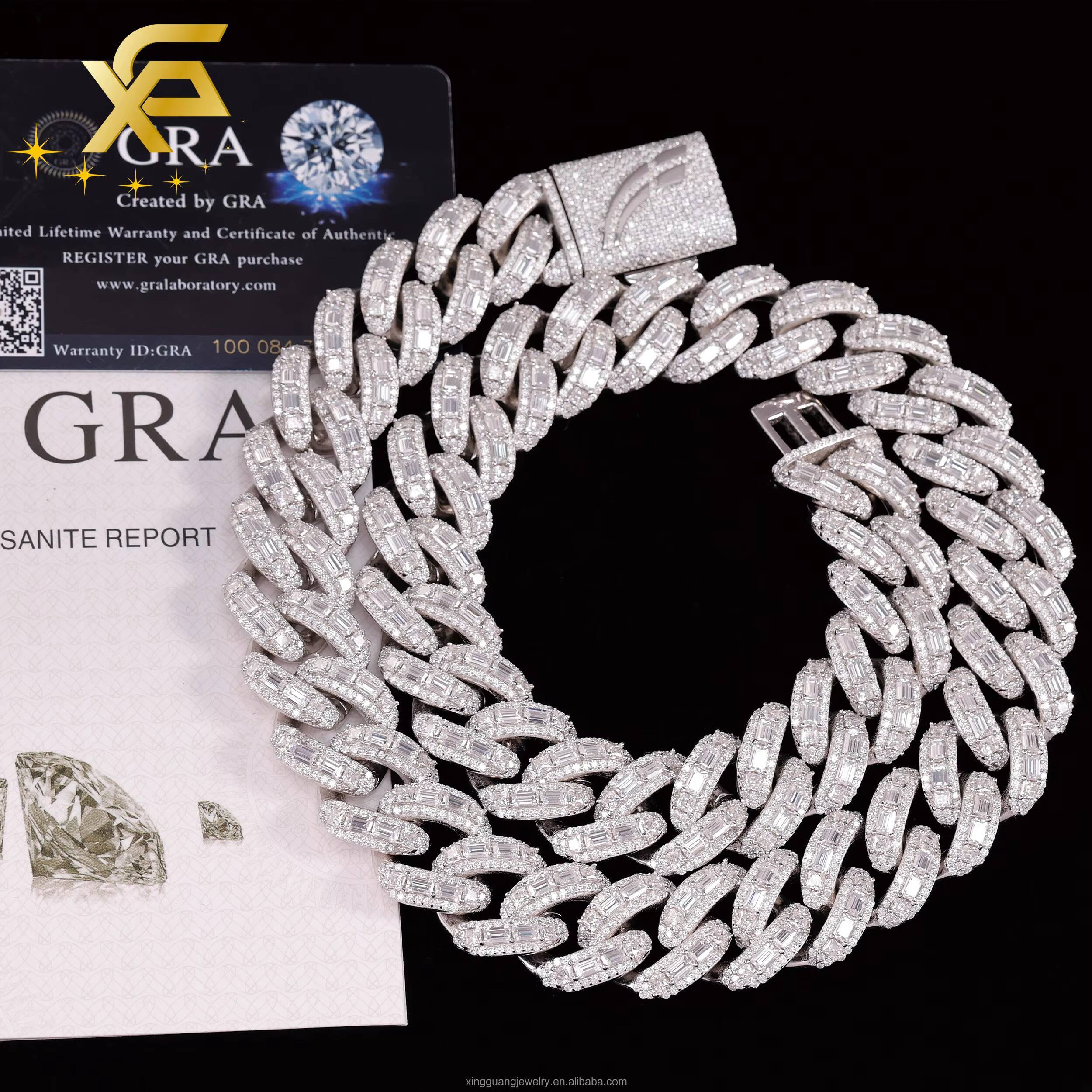 Hip Hop 20mm 18mm Wide Necklace Baguette Moissanite Diamond Heavy Silver Gold Plated Cuban Lidynamic Chain with GRA Certificate