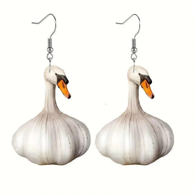 Novelty Garlic Goose Dangle Earrings - Creative Animal - Vegetable Fusion Funny Ear Jewelry New Funny Creative Garlic Duck for Women Fashion Animal Ea